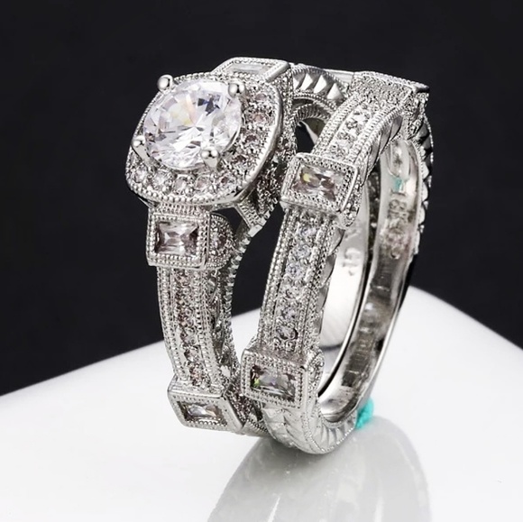 💎NEW💎 18K WHITE GOLD PLATED ART DECO BRIDAL SET - Picture 4 of 8